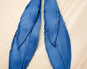 Leather Feather Earrings. Sea Blue. Bohemian Jewelry.