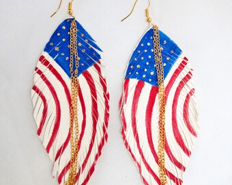 US FLAG. American Flag Leather Feather Earrings. White Handpainted.