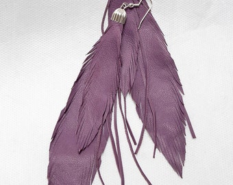 Long Leather Feather Earrings. Lilac Lavender. Bohemian Jewelry.