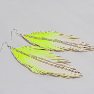 NEON YELLOW Leather Feather Earrings. White Handpainted. Glows under black light.