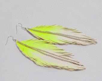 NEON YELLOW Leather Feather Earrings. White Handpainted. Glows under black light.