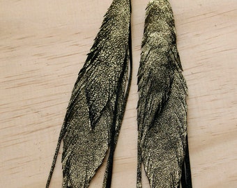 Leather Feather Earrings. Gold Leather. Bohemian Jewelry.