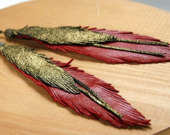 Leather Feather Earrings. Red and Gold. Bohemian jewelry.