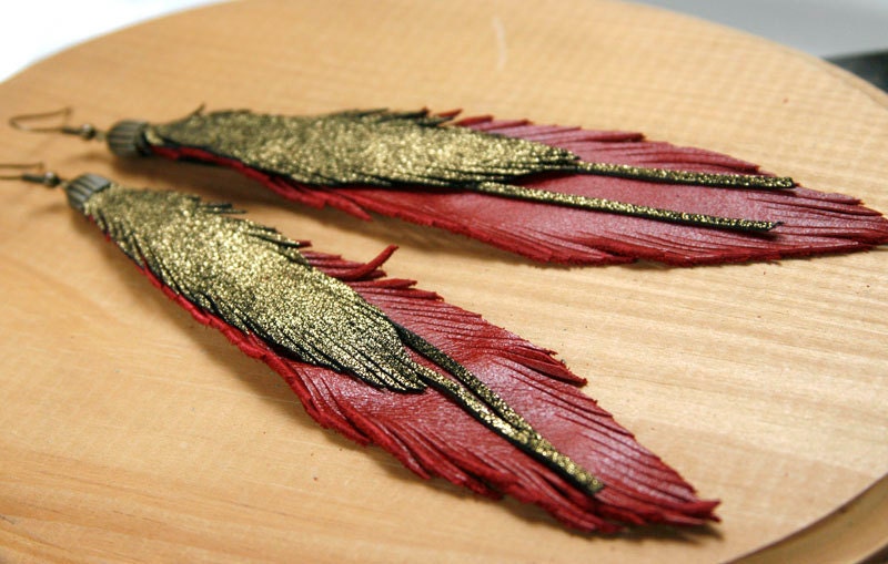 Leather Feather Earrings. Red and Gold. Bohemian Jewelry. Etsy