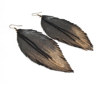 Leather Feather Earrings. Black with Painted Golden tip.