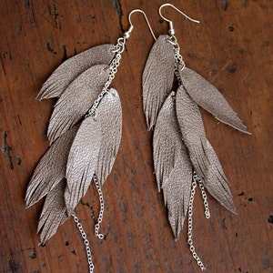 Shimmery Taupe Leather Feather Earrings. Layered with chains. Bohemian Jewelry.