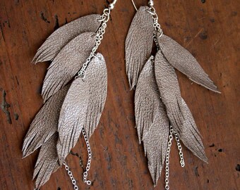 Shimmery Taupe Leather Feather Earrings. Layered with chains. Bohemian Jewelry.