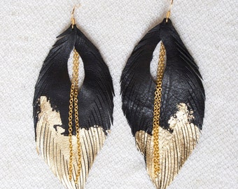 Leather Feather Earrings. Black Gold or Silver Leafed Tip Earrings. Statement Earrings. Bohemian Jewelry