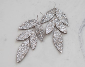 Tiered Distressed Silver Leather Feather Earrings. Bohemian Fashion Jewelry.
