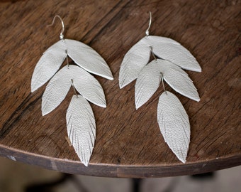 Tiered White Leather Feather Earrings. Bohemian Fashion Jewelry.