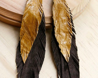 Leather Feather Earrings Brown tones. Bohemian jewelry.