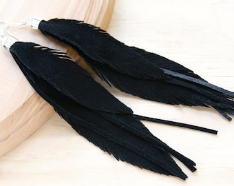 Leather Feather Earrings. Black Suede Earrings. Long Black earrings. Bohemian jewelry.