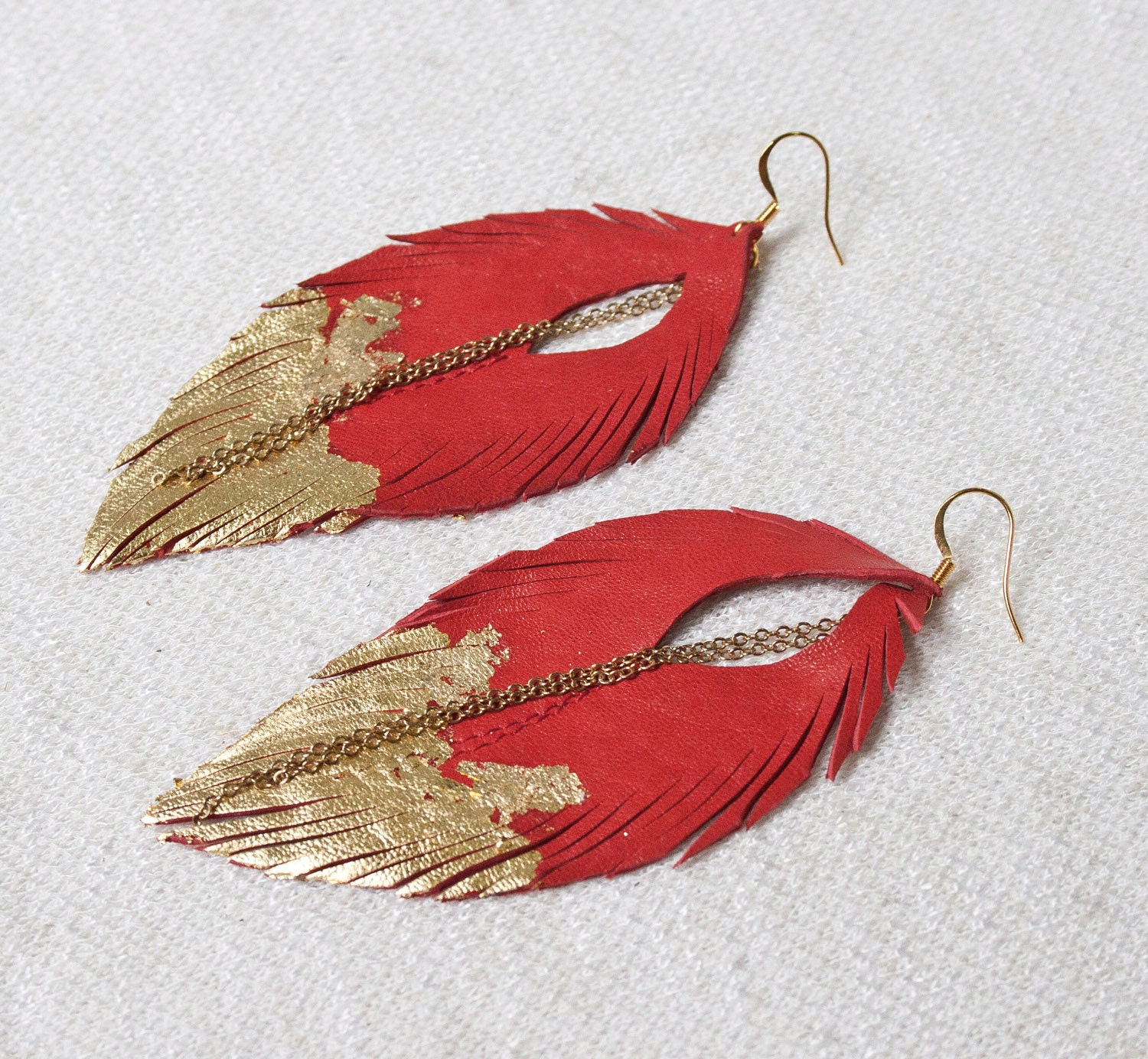 Leather Feather Earrings. Red with Gold Leafed Earrings. Etsy