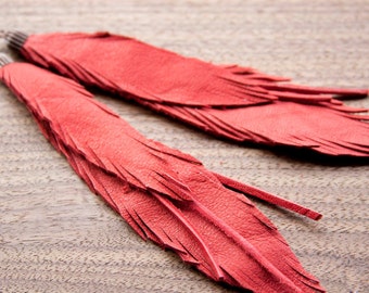 Leather Feather Earrings Bright Red. Bohemian jewelry.