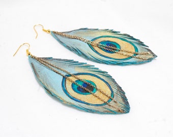 PEACOCK Feathers. Handpainted Leather Feather Earrings. Leather Feather Earrings.