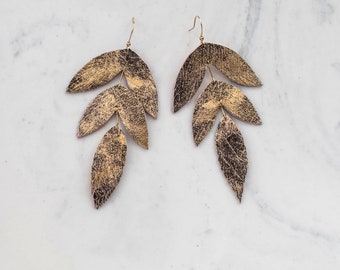 Tiered Antiqued Gold Leather Feather Earrings. Bohemian Fashion Jewelry.