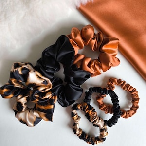 Silk Scrunchie Set: Dark Orange, Leopard Print & Black Hair Ties