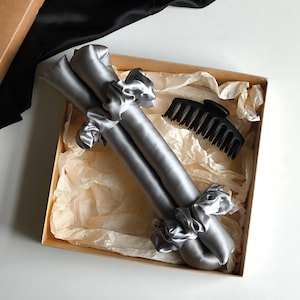 Seide Heatless Lockenwickler, Heatless Locken über Nacht, Silk Lockenwickler mit Haarspange, Silber 100% Naturseide Lockenwickler