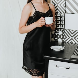 Black Sexy Silk Nightgown, Short Women&#39;s Sleepwear with lace, Silk Slip dress with lace, Dark Nightgown with  lace hemline