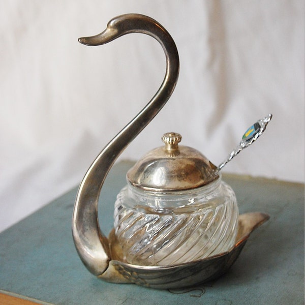 French ELEGANT SWAN Fine Living Sugar Pot Silver  Holder with Shell Spoon
