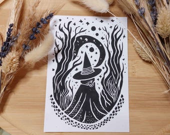 Linocut print - Witch in the woods