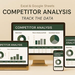 Könnte beinhalten: Ein digitales Marketingbild, das Wettbewerbsanalysedaten auf einem Laptop, einem Desktop-Monitor, einem Tablet und einem Smartphone zeigt. Die Bildschirme zeigen Diagramme und Grafiken mit dem Text "COMPETITOR ANALYSIS" und "TRACK THE DATA".
