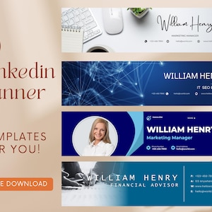 May include: A promotional image featuring 10 LinkedIn banner templates. The banners have a blue and white color scheme, with the name "William Henry" and job titles. The image also includes the text "Templates for You!" and "Free Download".