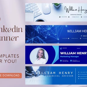 Puede incluir: Imagen promocional que muestra 10 plantillas de banner de LinkedIn. El diseño presenta un fondo púrpura claro con el texto "10 LinkedIn Banner Templates For You!" y "Free Download". Se muestran varios ejemplos de banner, con el nombre "William Henry" y títulos profesionales.