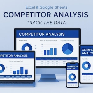 Puede incluir: Un ordenador portátil, un monitor de escritorio, una tableta y un smartphone muestran un panel de control de "COMPETITOR ANALYSIS" con gráficos y datos. El texto "Excel & Google Sheets" y "TRACK THE DATA" están en la parte superior. Las pantallas muestran la cuota de mercado, el precio vs. los ingresos y los seguidores en las redes sociales.