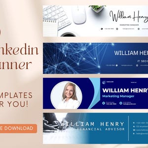 May include: A promotional image showcasing 10 LinkedIn banner templates. The designs feature the name "William Henry" with titles like "Marketing Manager" and "IT SEO Expert." The banners are in shades of blue and white, with a call to action for a free download.