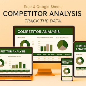 May include: A digital marketing image showing a laptop, desktop monitor, tablet, and smartphone displaying a "COMPETITOR ANALYSIS" report. The screens show charts and graphs with the text "TRACK THE DATA". The background is a light orange color.
