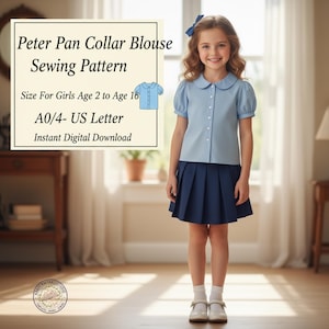 Peter Pan Collar Blouse Sewing Pattern for Girls – Kids Top PDF Pattern, A0 A4 US Letter, Ages 2–16  Digital Download