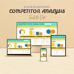 Könnte beinhalten: Eine digitale Marketinggrafik, die Wettbewerbsanalysedaten auf einem Computermonitor, Laptop, Tablet und Smartphone zeigt. Der Text "Excel & Google Sheets COMPETITOR ANALYSIS Track the Data" wird angezeigt.