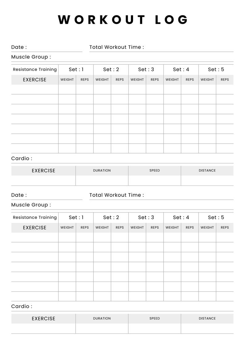 Fitness Workout Log Printable PDF | Gym Exercise Tracker & Workout ...