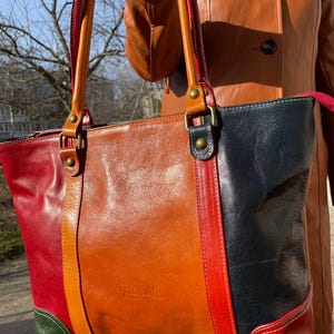 Large Multicolor Shoulder Bag. Premium Italian Leather.
