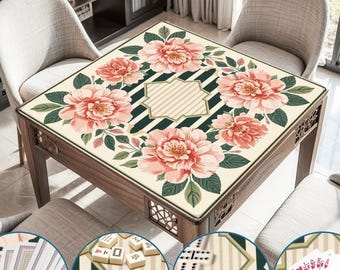 Luxe bloemengroen Mahjongmat Art Deco-bord gestreepte dikke oproltafelhoes Antislip gamingoppervlak Cadeau voor Mahjong-liefhebbers Set matten