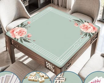 Tapete de Mahjong con diseño floral, color verde menta, natural y rosa, antideslizante, impermeable, elegante, vintage, con bolsa e instrucciones.