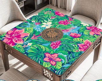 Summer Love Mahjong Mat 31.5" Non-Slip Roll Up Playmat Green Pink Floral Game Pad Bag Quiet Smooth Surface Gift Ideas for Mahjong Lovers Men