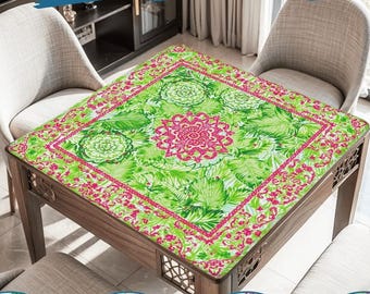 Neon Lotus Mahjong Mat Lime Green Pink Mahjongg Table Cloth Cover Roll-Up Mahh jongg Mats Non-Slip Smooth Play Fabric Gifts for Men Sets Bag