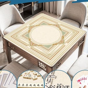 May include: A wooden square table with a cream-colored surface featuring geometric patterns and a central circular design. The image includes playing cards, dominoes, and Mahjong tiles, with the text "Wide Range of Uses" at the top.