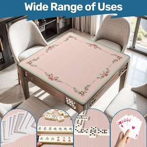 May include: A wooden square table with a pink surface and floral border. The table is surrounded by chairs. The image shows the table can be used for games like cards, mahjong, and dominoes. Text at the top says "Wide Range of Uses".