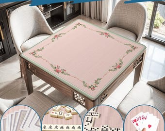 Tappetino da Mahjong di lusso - Copritavolo con bordo floreale a righe verdi e rosa, elegante tappetino da gioco antiscivolo arrotolabile, regalo per Natale