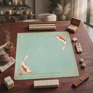 May include: A square light green mahjong mat featuring two koi fish illustrations and gold border lines. The mat is surrounded by mahjong tiles, a wooden tile rack, a small wooden box, two dice, a brown teapot, and a cup on a wooden table.