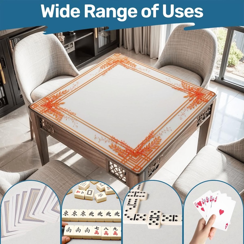 May include: A wooden game table with a white surface and orange floral border. The table is surrounded by chairs. The image shows the table being used for playing cards, mahjong, and dominoes. The text "Wide Range of Uses" is at the top.