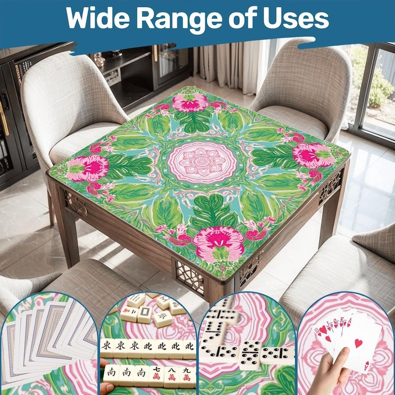 Green Pink Paradise Mahjong Mat 31.5" • Non-Slip Roll Up Play Mat Luxury Floral Game Board • Quiet Smooth Surface Gifts for Mah jongg Lovers image 2