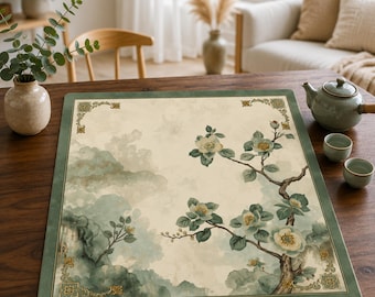 Può includere: Una tovaglietta quadrata con centro color crema, un'illustrazione di un ramo floreale verde e marrone, motivi paesaggistici nuvolosi verde tenue e accenti dorati agli angoli, incorniciata da un bordo verde scuro a tinta unita.