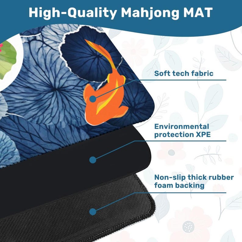 Koi Pond Mahjong Mat – Lotus Flower Mahjong Table Cover, Neoprene Non-Slip Mahjong Playmat, Elegant Botanical Gaming Mat, Mahjong Gift Decor image 5