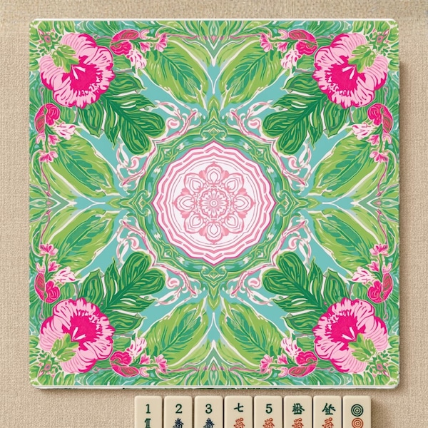 Tapete de Mahjong Paraíso Verde y Rosa de 80 cm (31,5") • Tapete de juego enrollable antideslizante con diseño floral de lujo • Superficie suave y silenciosa • Regalo ideal para amantes del Mahjong