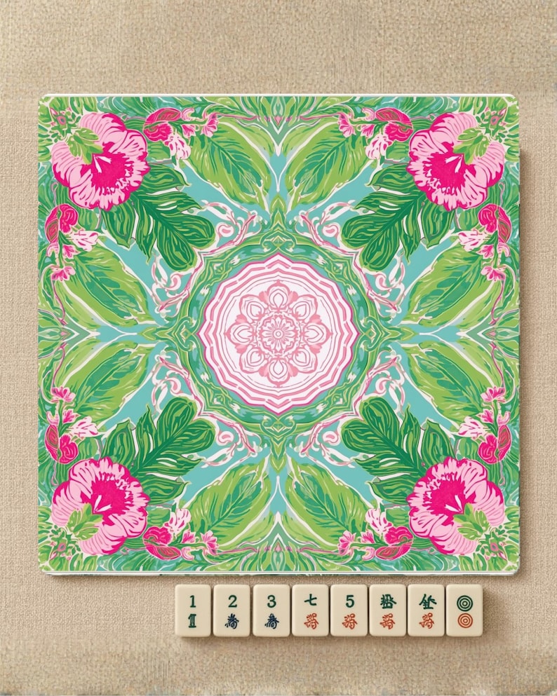 Green Pink Paradise Mahjong Mat 31.5" • Non-Slip Roll Up Play Mat Luxury Floral Game Board • Quiet Smooth Surface Gifts for Mah jongg Lovers image 1