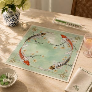 Luxury Koi Pond Fish Mahjong Mat | Rollable Mahjong Table Cover Mats Japanese Style Game Playmat Non-Slip Smooth Surface Mah jongg Mat Gifts